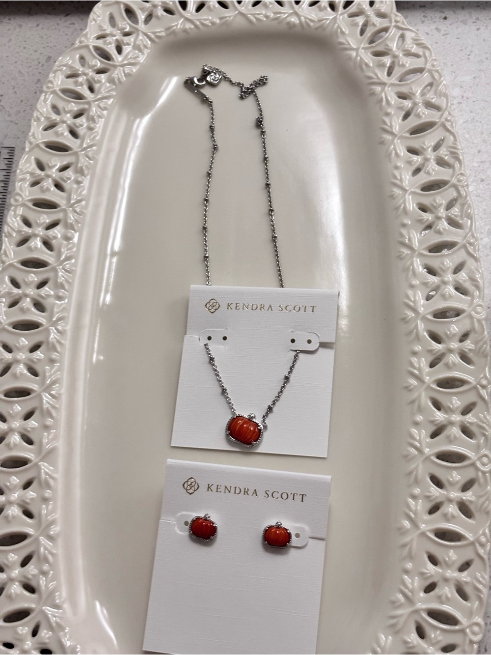 Kendra Scott Silver Necklace and Stud Earrings with Orange Cabochons